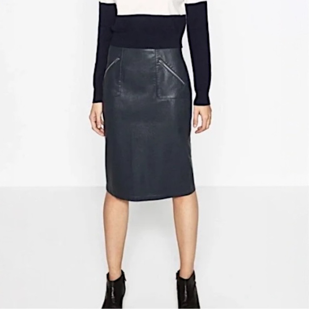 Zara Charcoal Leather Pencil Skirt with Zip Pockets